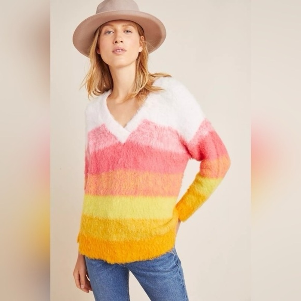 Anthropologie Simone Striped Sweater | Fuzzy Rainbow Gradient Knit L